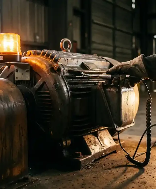 Technicus meet trillingen op zware industriële elektromotor, verlicht door amberkleurig waarschuwingslicht in fabriekshal.
