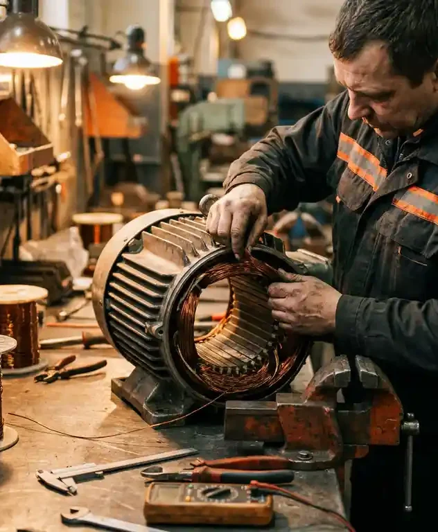 Technicus die koperen spoelen nawikkelt in een geopende industriële elektromotor op een stalen werkbank, gereedschap verspreid rondom.