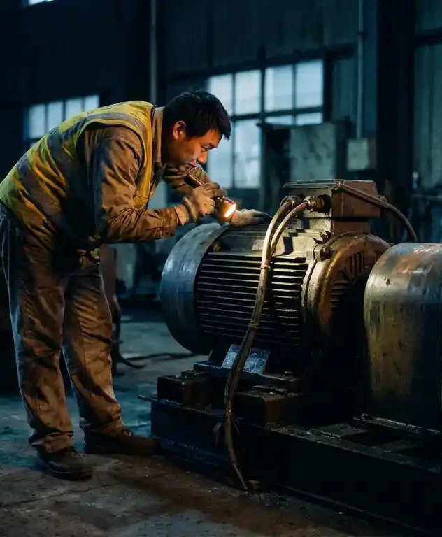 Technicus in geel veiligheidsvest inspecteert grote industriële elektromotor op een donkere fabriekshal met zaklamp.