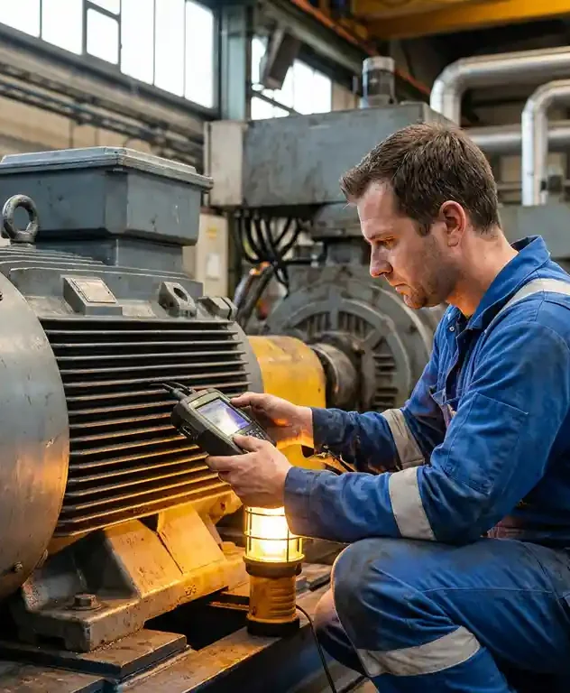 Technicus in blauwe werkoverall inspecteert grote industriële elektromotor met diagnostisch apparaat op actieve fabriekswerkvloer.