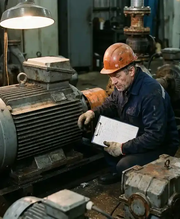 Technicus inspecteert grote elektromotor op fabrieksvloer met klembord, omringd door pompen en versnellingsbakken.