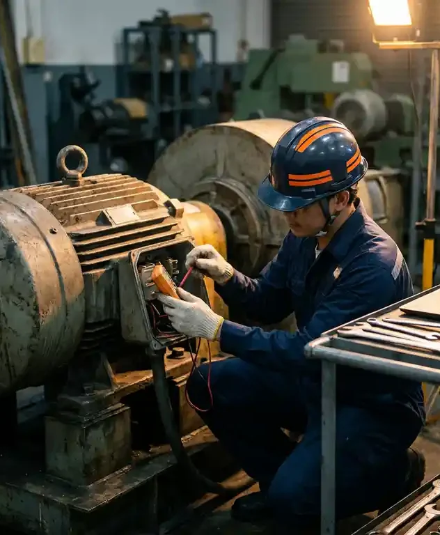 EME-technicus voert onderhoud uit op grote industriële elektromotor op locatie, gereedschap klaargelegd op metalen oppervlak.