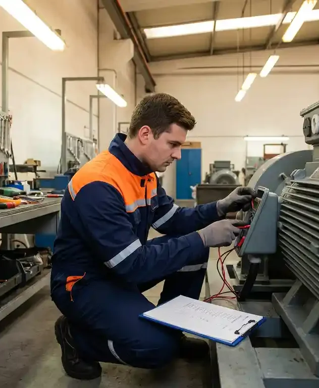 Technicus in werkoverall inspecteert grote industriële elektromotor in goed verlichte werkplaats, gereedschap geordend op stalen werkbank.