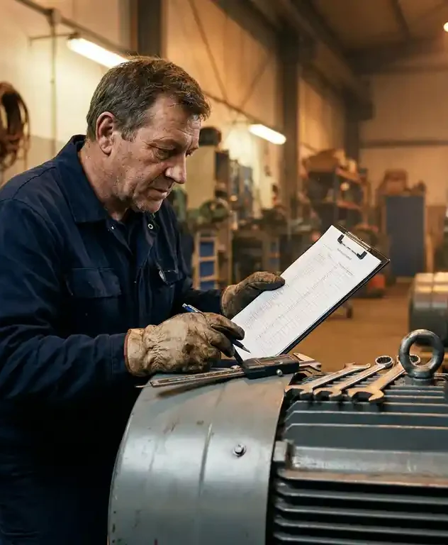 Technicus met klembord en precisiegereedschap naast grote industriële elektromotor in werkplaats met warm amberkleurig licht.