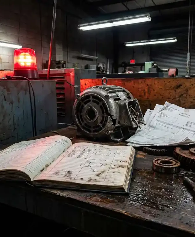 Open onderhoudsdagboek op vuile werkbank naast gebarsten elektromotor, facturen en versleten onderdelen, rood waarschuwingslicht.