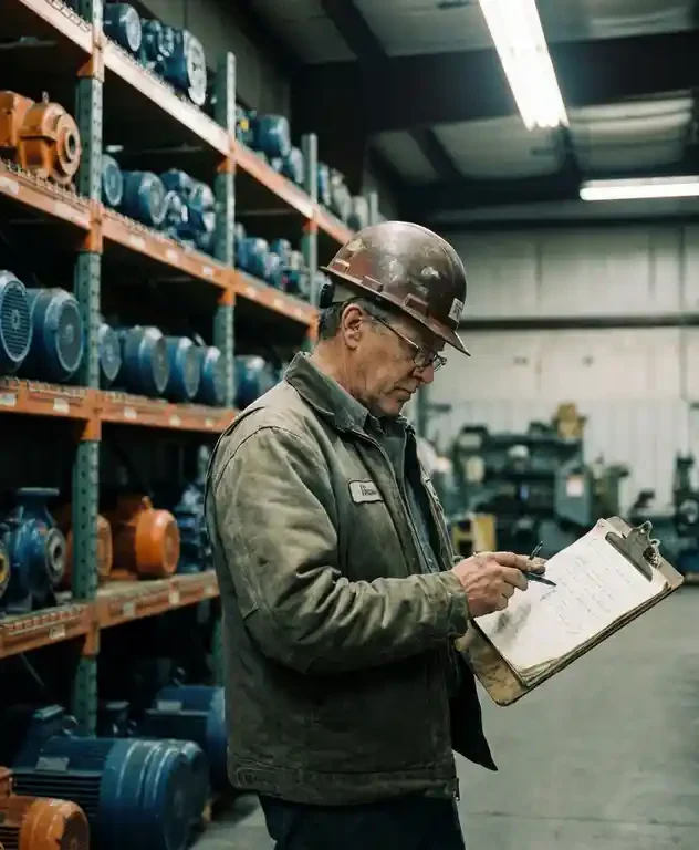 Technicus inspecteert onderhoudsklembord in industrieel magazijn met elektromotoren, pompen en versnellingsbakken op metalen stellingen.