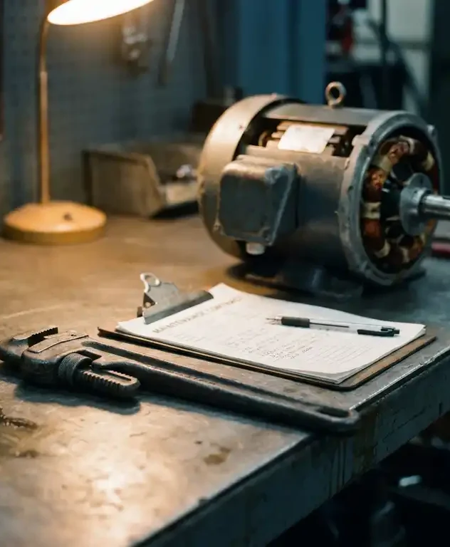 Versleutelde industriële moersleutel en onderhoudscontract klembord op stalen werkbank, met gedemonteerde elektromotor op de achtergrond.