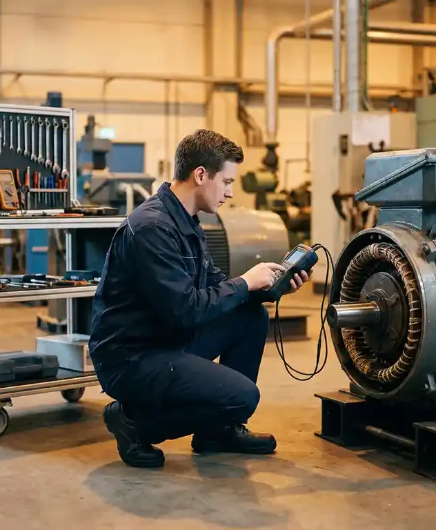 Technicus in marineblauw uniform inspecteert grote industriële elektromotor op fabrieksvloer met diagnostisch meetinstrument.
