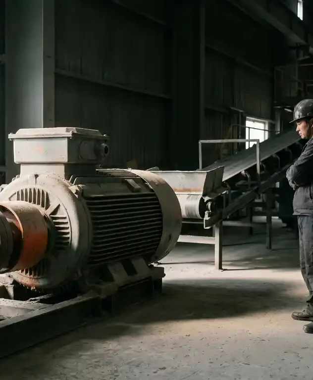 Stilstaande industriële elektromotor op fabriekswerkvloer, technicus in overall observeert uitgevallen productielijn met gestopte transportbanden.