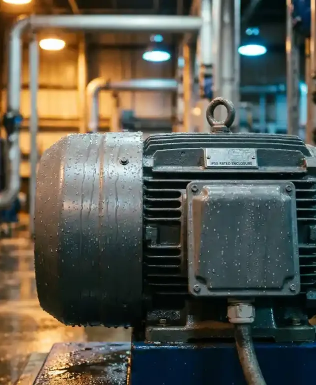Industriële elektromotor met IP-gecertificeerde behuizing, waterdruppels op gietijzeren mantel, gemonteerd in natte omgeving met stalen leidingen.
