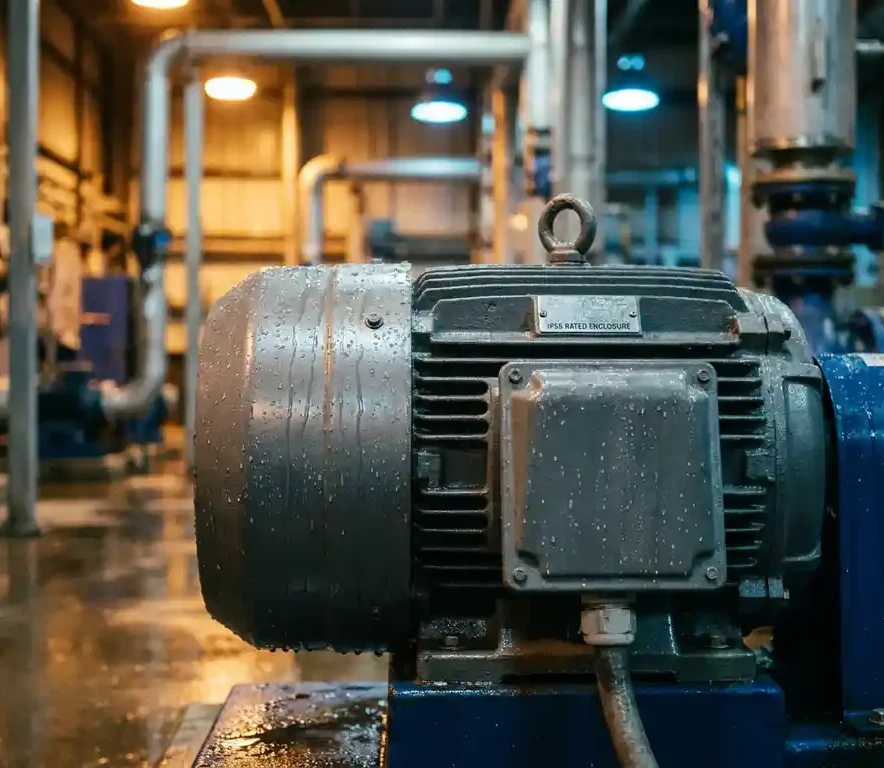 Industriële elektromotor met IP-gecertificeerde behuizing, waterdruppels op gietijzeren mantel, gemonteerd in natte omgeving met stalen leidingen.