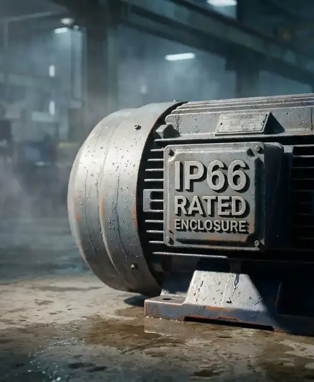 Waterdichte industriële elektromotor met IP-gecertificeerde behuizing op natte betonvloer, waterdruppels op geribbelde stalen behuizing.