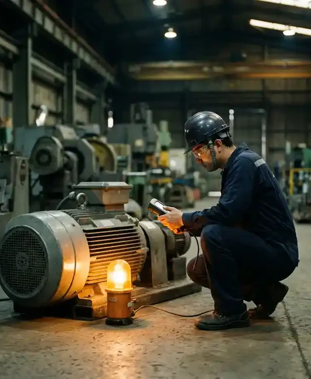 Technicus inspecteert stilgevallen elektromotor op fabrieksvoer met diagnostisch apparaat, omgeven door inactieve machines.