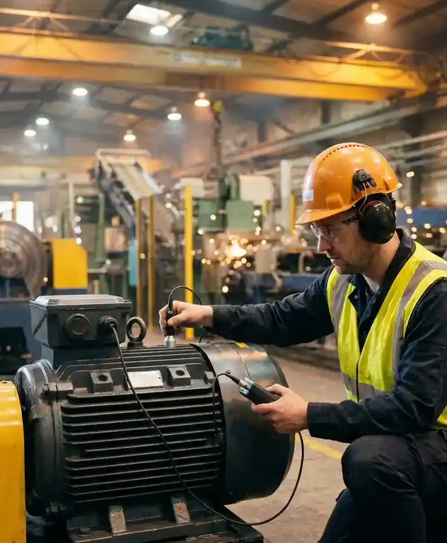Technicus voert trillingsanalyse uit op grote industriële elektromotor in bedrijf, met meetprobe in fabriek.