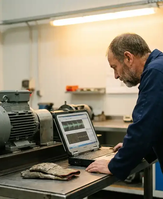 Technicus bestudeert trillingsanalyse op robuuste laptop naast elektromotor op stalen testbank in industriële werkplaats.