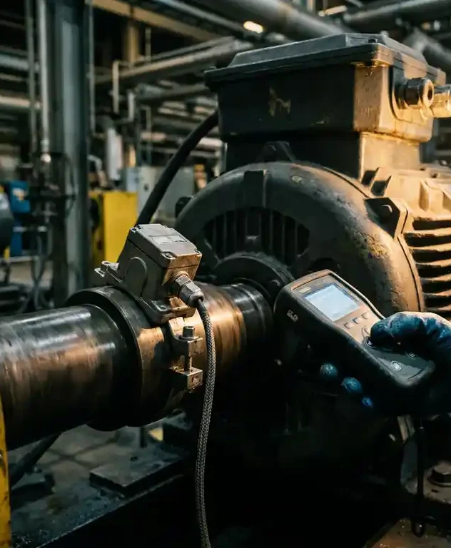 Industriële vibratiesensor geklemd op roterende elektromotoras, technicus met meetapparaat in gehandschoende hand op fabriekshal.