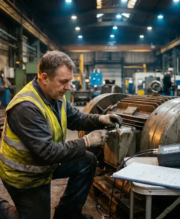 Technicus bevestigt trillingssensor op grote industriële elektromotor in fabriek, diagnostische apparatuur en klembord op de achtergrond.