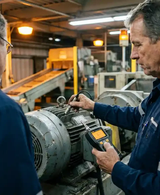 Technicus meet trillingen op grote elektrische motor met handheld apparaat, actieve productiefabriek op achtergrond.