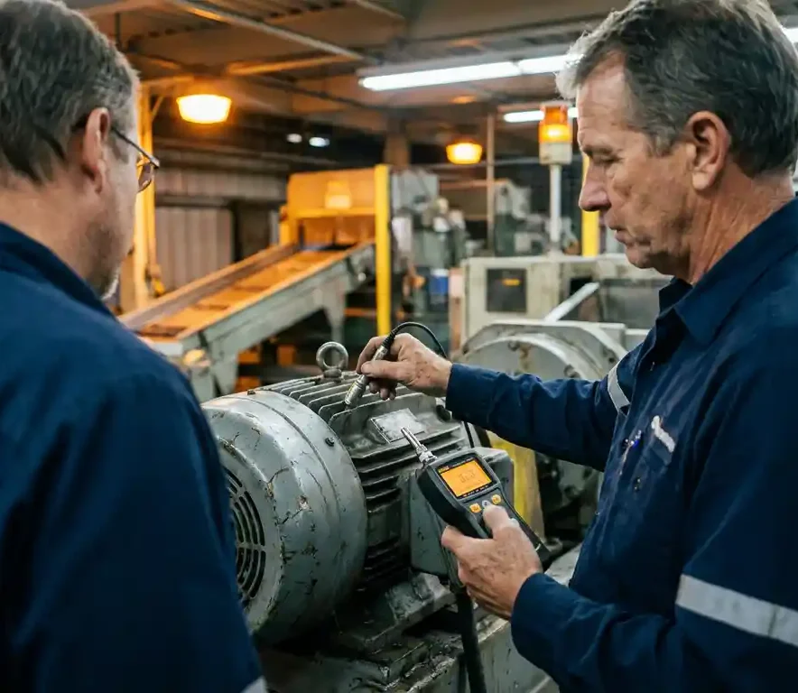Technicus meet trillingen op grote elektrische motor met handheld apparaat, actieve productiefabriek op achtergrond.