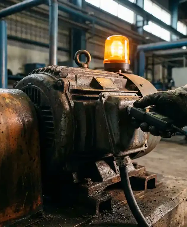 Technicus met handschoen die een trillingsensor tegen een verweerde industriële elektromotor drukt, oranje waarschuwingslicht.