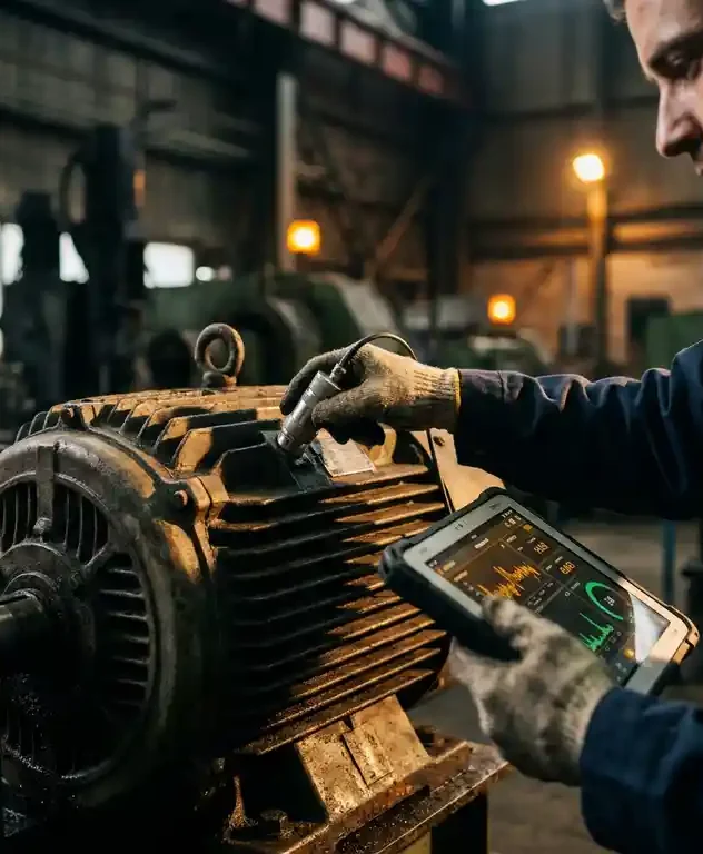 Technicus meet trillingen op industriële elektromotor met handheld sensor in donkere fabriekshal met zware machines op de achtergrond.