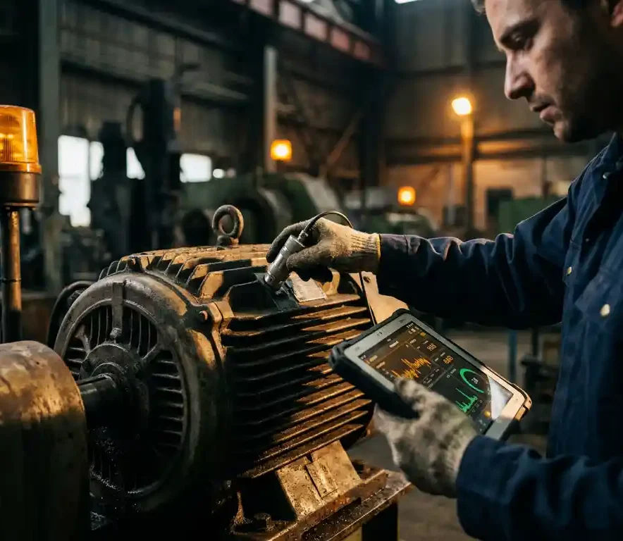 Technicus meet trillingen op industriële elektromotor met handheld sensor in donkere fabriekshal met zware machines op de achtergrond.