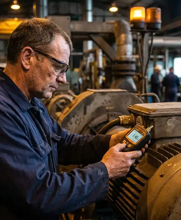 Technicus meet trillingen op een grote industriële elektromotor met een handheld probe in een fabriek met stalen machines op de achtergrond.
