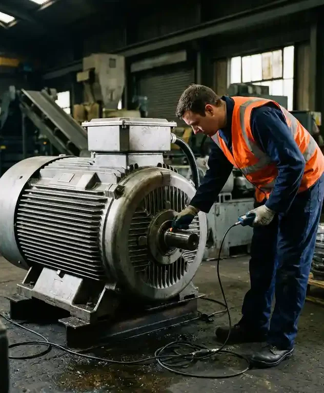 Technicus meet trillingen op grote industriële elektromotor met handheld probe op fabriekswerkvloer.