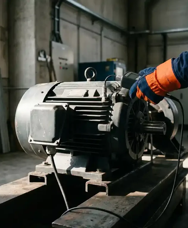 Technicus met handschoen die trillingsmeetprobe op industriële elektromotor plaatst tijdens vibratietest in fabriek.