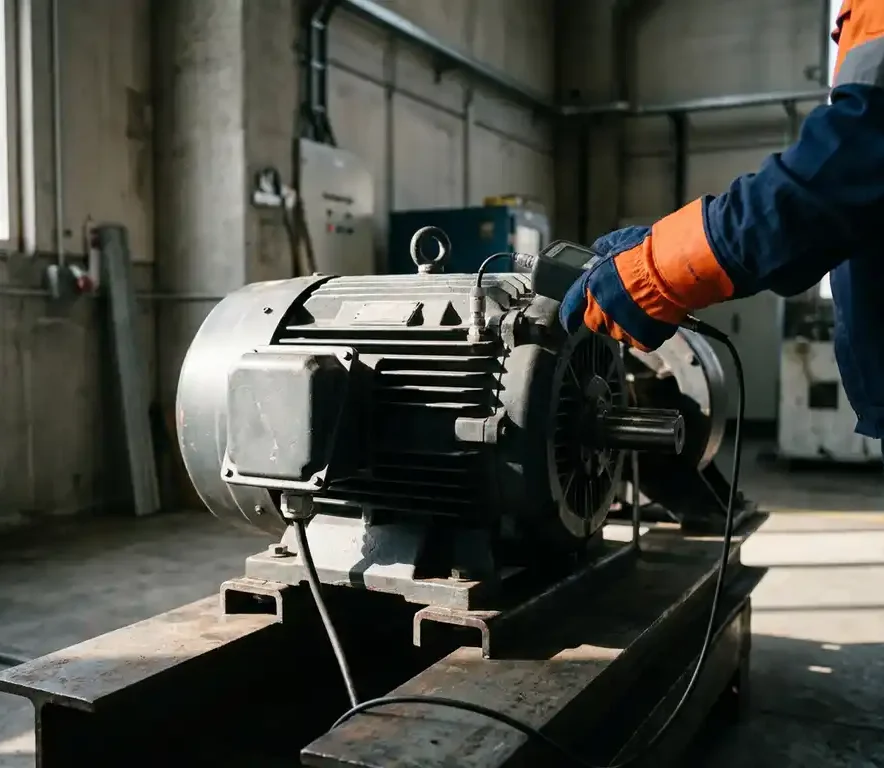 Technicus met handschoen die trillingsmeetprobe op industriële elektromotor plaatst tijdens vibratietest in fabriek.