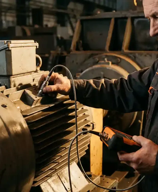 Technicus plaatst vibratiesensor op industriële elektromotor tijdens conditiemeting in fabriek.