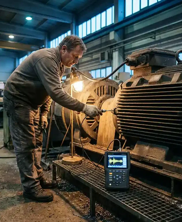 Technicus meet trillingen op grote industriële elektromotor met handheld analyzer die golfvormdata toont.