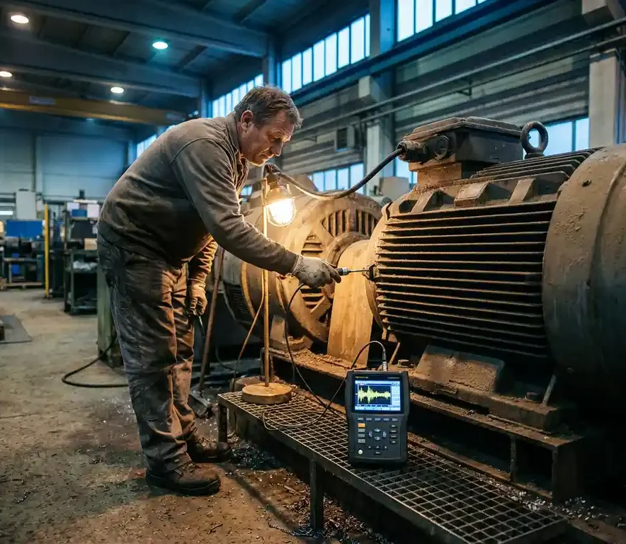 Technicus meet trillingen op grote industriële elektromotor met handheld analyzer die golfvormdata toont.