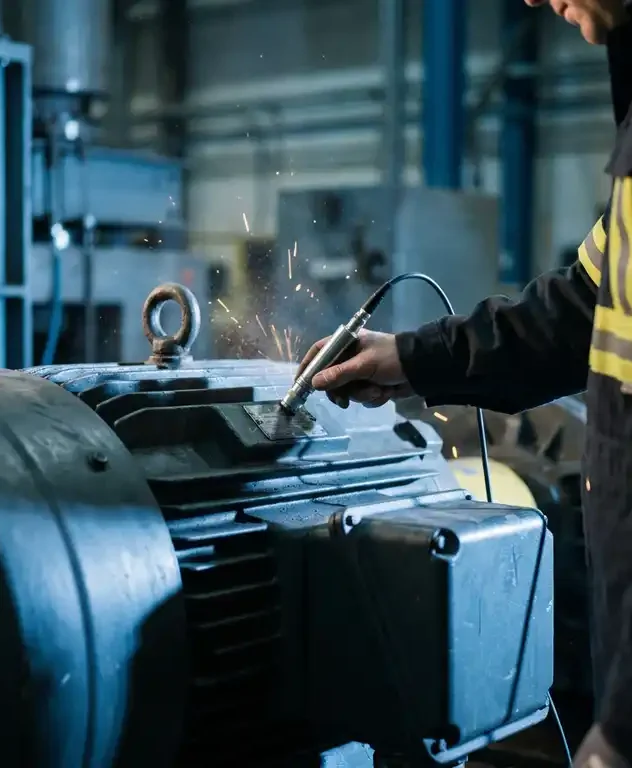 Technicus met handheld sensor die trillingsmetingen uitvoert op een draaiende industriële elektromotor in een fabriek.