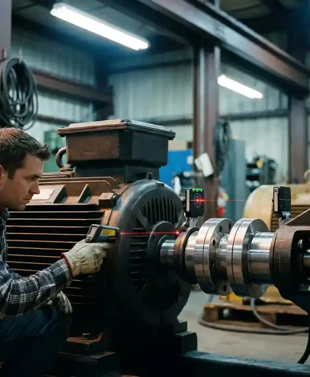 Technicus die laserlijnrichting uitvoert op een grote industriële elektromotor met zichtbare koppeling op de fabrieksvloer.