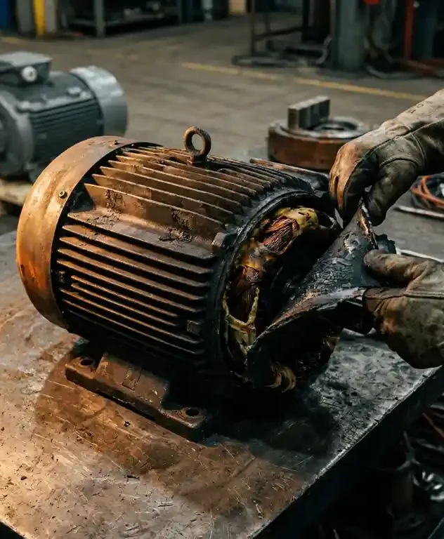 Verbrande industriële elektromotor op stalen werkbank, technicus inspecteert verschroeide koperen wikkelingen met handschoenen.