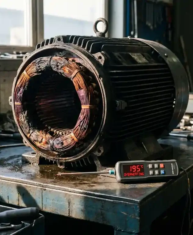 Verbrande koperen wikkelingen van een industriële elektromotor op een stalen werkbank, met een thermische sonde zichtbaar in een reparatiewerkplaats.