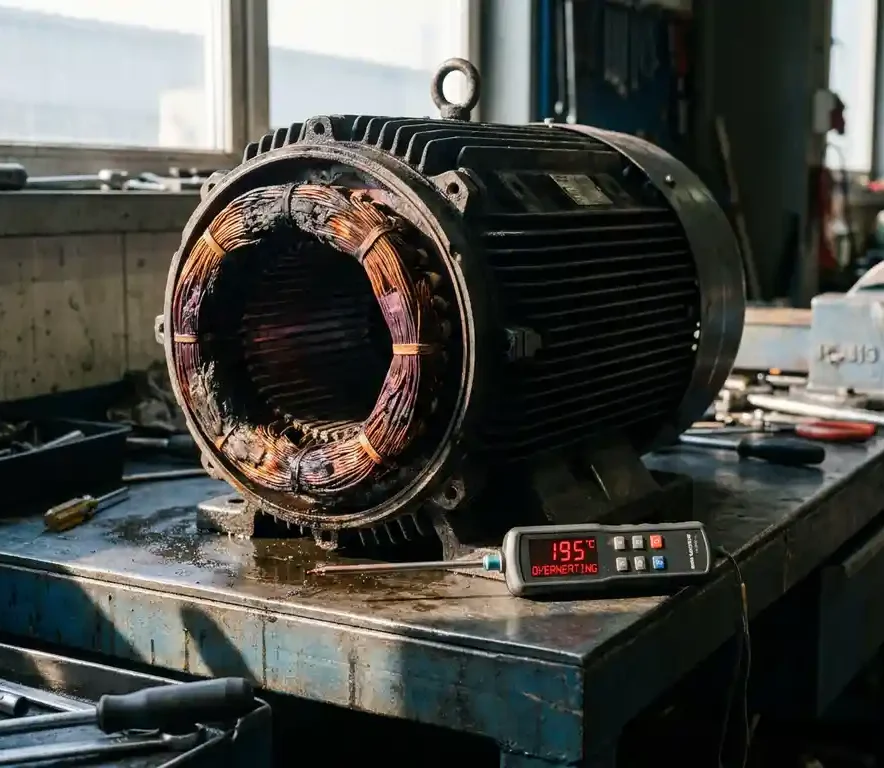 Verbrande koperen wikkelingen van een industriële elektromotor op een stalen werkbank, met een thermische sonde zichtbaar in een reparatiewerkplaats.