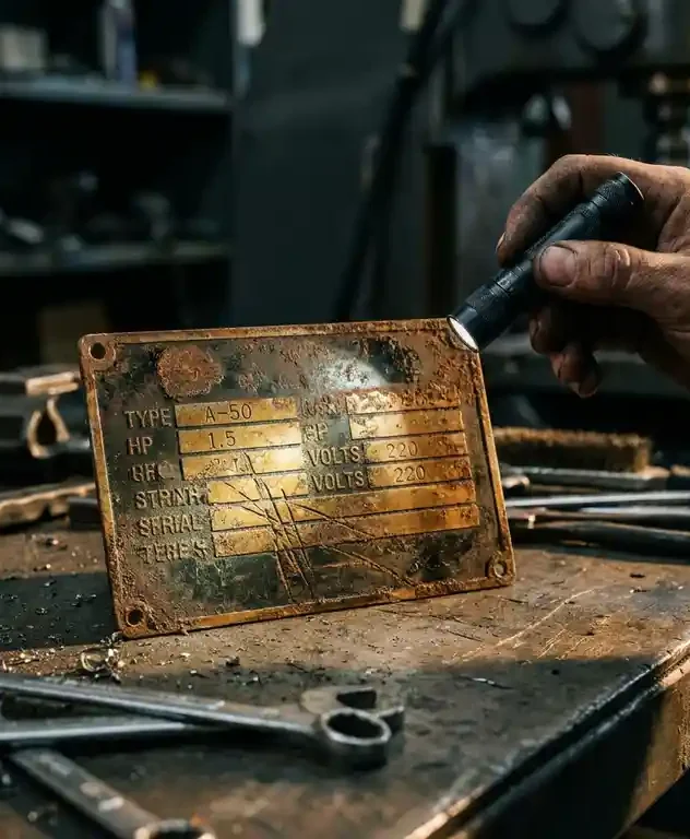 Verweerde elektromotor-naamplaat met corrosie, verlicht door zaklamp in hand van technicus op metalen werkbank.