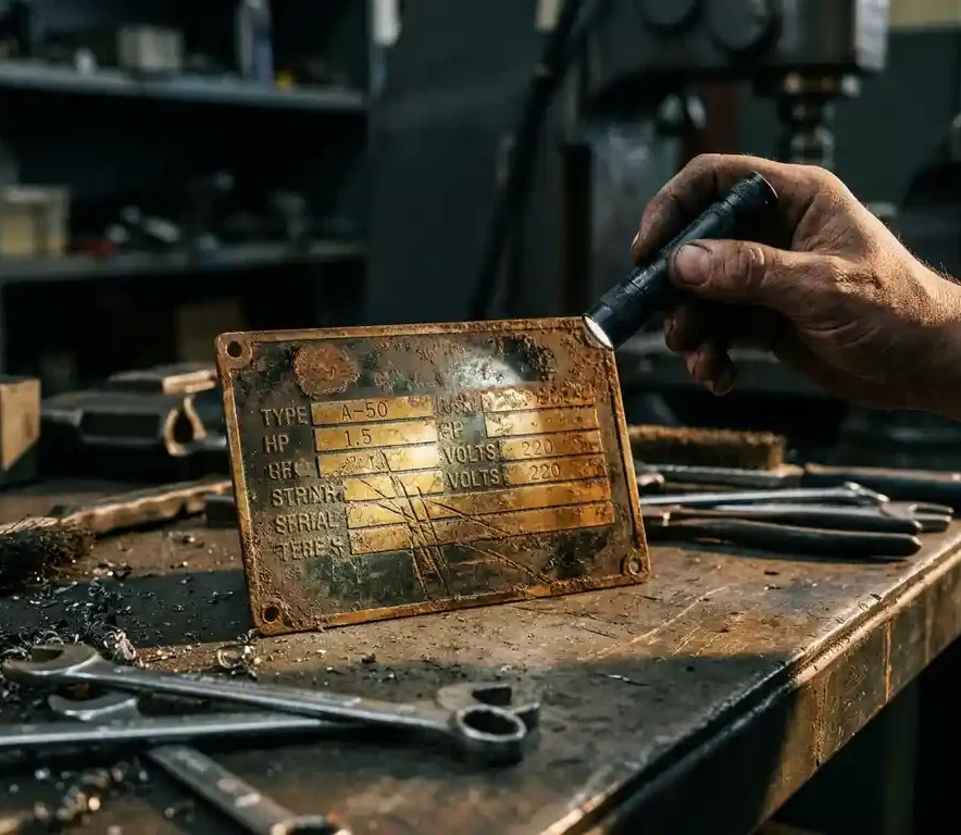 Verweerde elektromotor-naamplaat met corrosie, verlicht door zaklamp in hand van technicus op metalen werkbank.