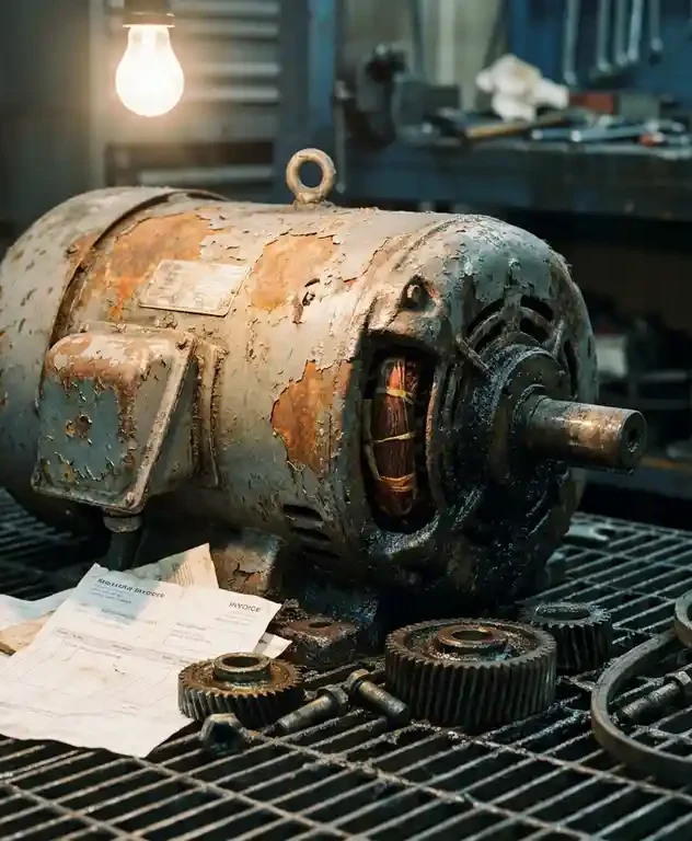Versleten industriële elektromotor met roestplekken en vetaanslag, omringd door onderhoudsfacturen en slijtageonderdelen op stalen werkplaatsvloer.