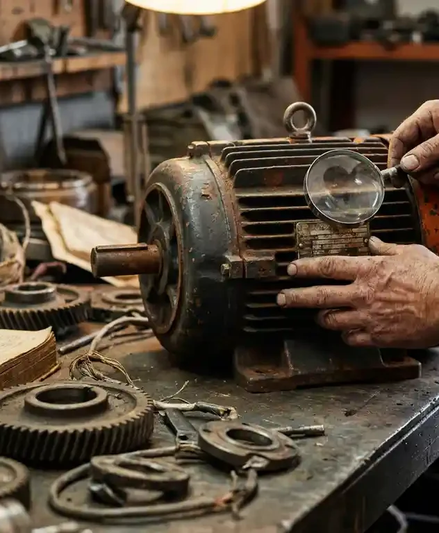 Verweerde industriële elektromotor op stalen werkbank, specialist onderzoekt roestige naamplaat tussen verouderde onderdelen en technische handleidingen.