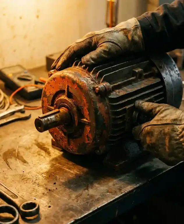 Technicus in handschoenen inspecteert verroeste industriële elektromotor op werkbank met diagnostisch gereedschap.