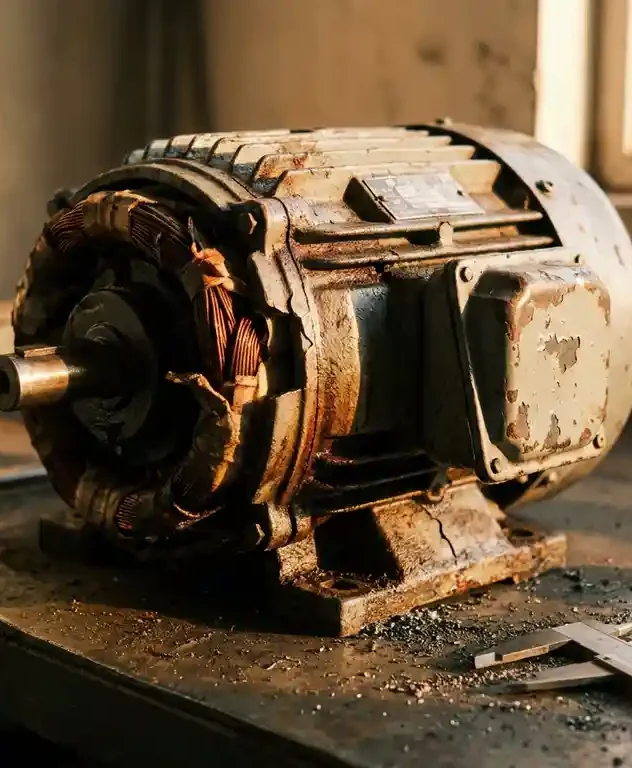 Versleten industriële elektromotor op stalen werkbank met blootliggende koperen wikkelingen, roestig behuizing en metaalvijlsel.