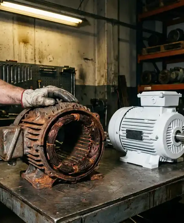 Versleten elektromotor met gecorrodeerde wikkelingen naast nieuwe vervangingsmotor op werkbank, technicus in vettige handschoen.