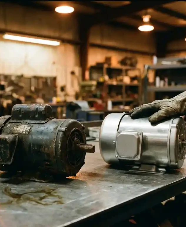 Versleten afgedankte elektromotor naast moderne vervangingsmotor op stalen werkbank, technicus met handschoen raakt nieuwe eenheid aan in industriële werkplaats.