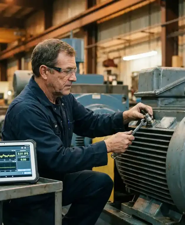 Technicus monteert trillingsensor op grote industriële elektromotor, met ruggedized tablet met live diagnostiek op de fabrieksvloer.
