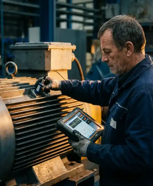 Technicus meet trillingsdata op industriële elektromotor met handheld sensor, diagnostische gegevens zichtbaar op robuust apparaat.