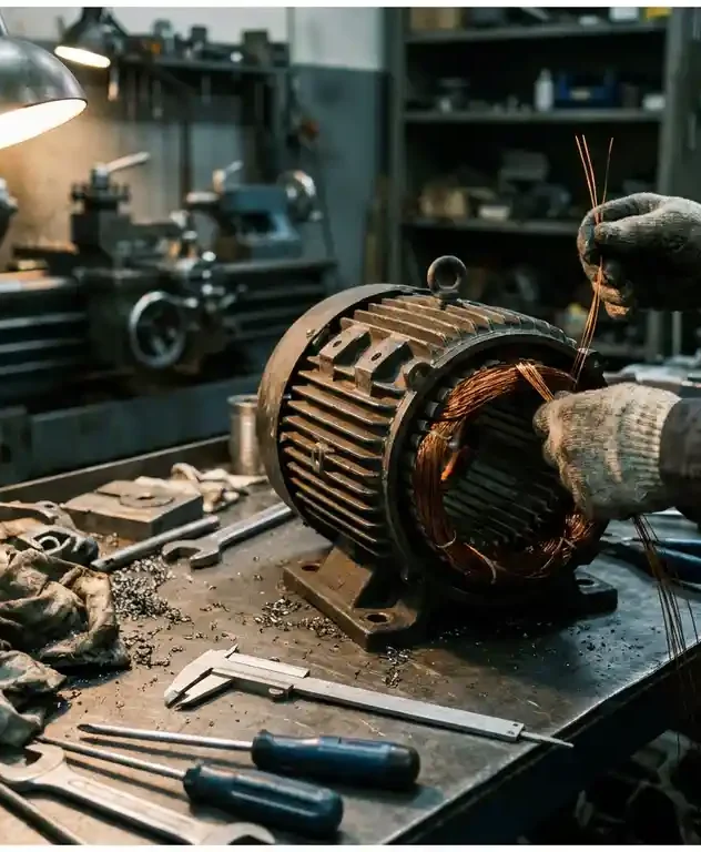 Technicus wikkelt koperen spoel in behuizing van industriële elektromotor, precisiegereedschap op stalen werkbank in machinewerkplaats.