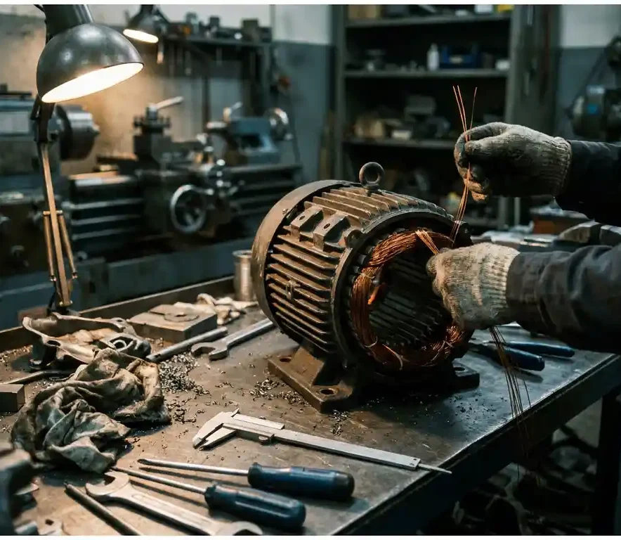 Technicus wikkelt koperen spoel in behuizing van industriële elektromotor, precisiegereedschap op stalen werkbank in machinewerkplaats.